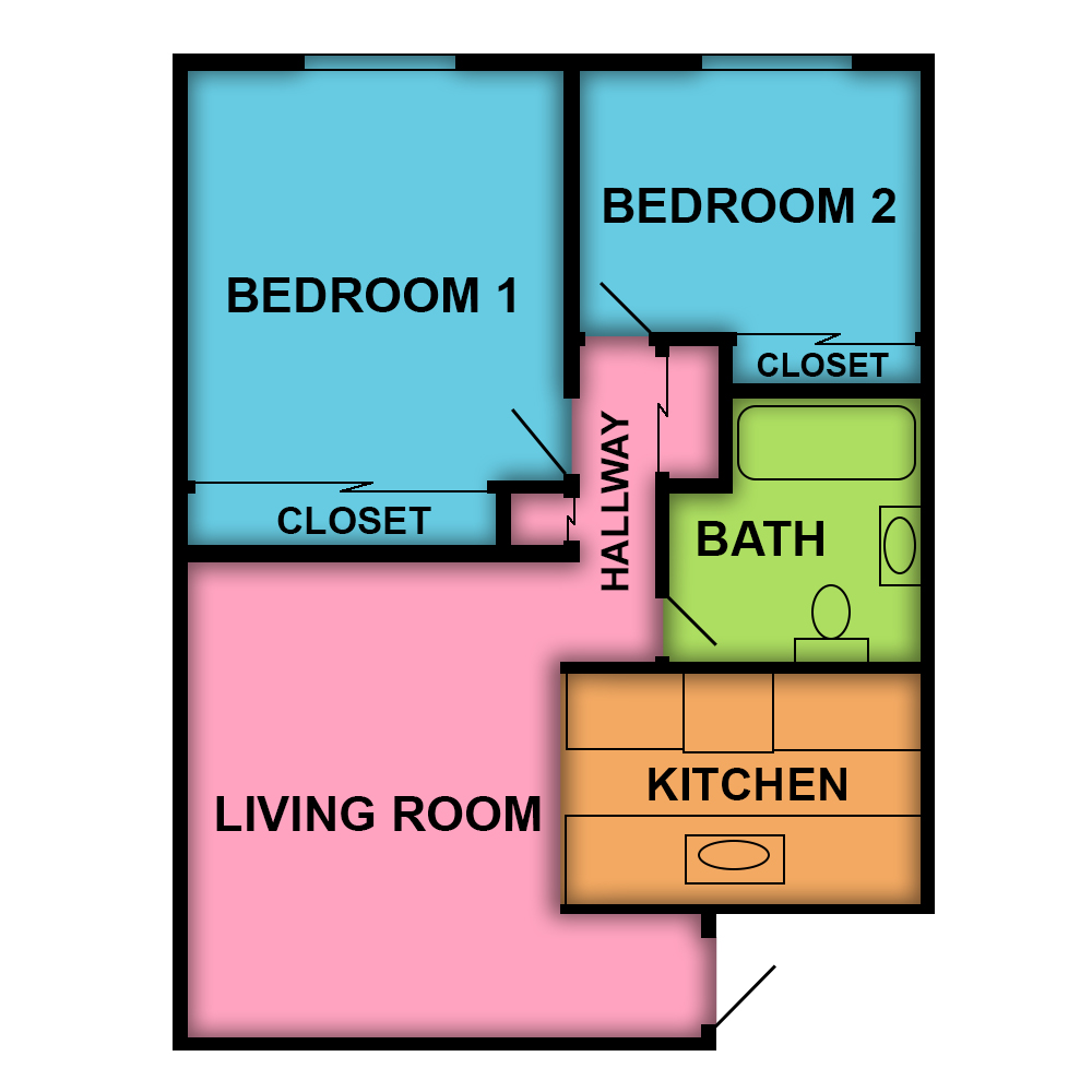 This image is the visual schematic floorplan representation of Plan A at Villa De La Rosa Apartments.